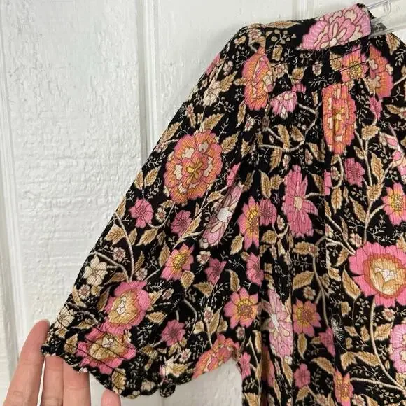 Cynthia Rowley Floral Boho Blouse Pink Black Puff Sleeve Romantic Top Small - Picture 2 of 7